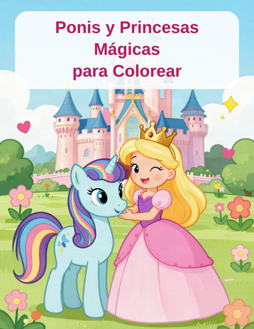 Portada del libro de ponis y princesas para colorear